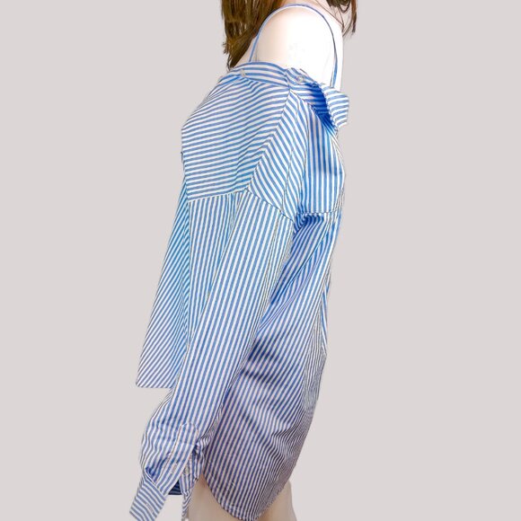 Know One Cares off Shoulder Stipe Button up Poplin Unique Women's Shirt - Picture 3 of 4